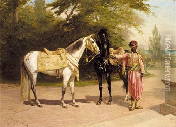 Deux Etalons Avec Un Valet D'ecurie Oil Painting - Paul Dominique Philippoteaux
