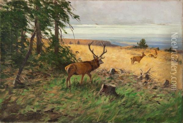 Hirsch Und Rudel Beim Verlassen Des Waldes Oil Painting - Christoffer Drathmann