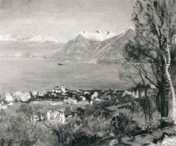 Italian Lake Landscape With Snowcapped Peaks Beyond Oil Painting - Sir David Murray