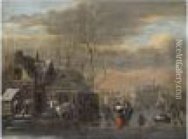 A Winter Landscape With Figures Skating On A Frozen Moat Oil Painting - Thomas Heeremans