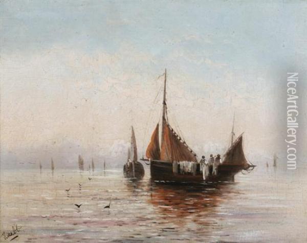 Fishing Boats Off Coast Oil Painting - James Webb