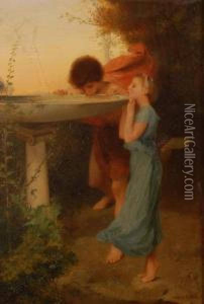 Oil On Panel, 2 Youngchildren Drinking From A Stone Fountain, Signed, 8.5