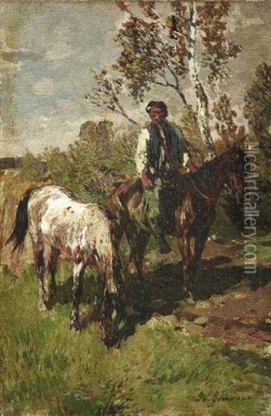 Landmann Mit Zwei Pferden In Sommerlicher Landschaft Oil Painting - Gregor von Bochmann the Elder