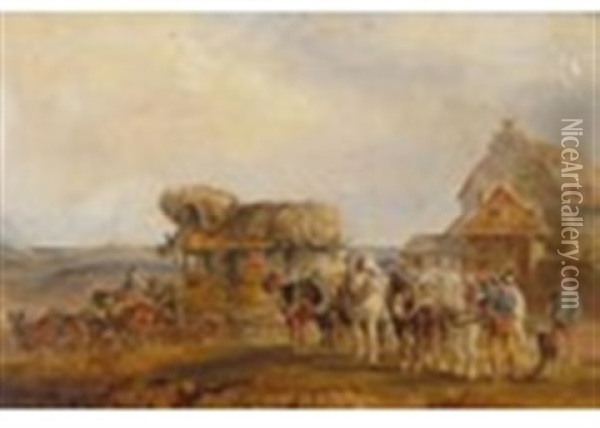 A Mail Coach Before A Farmstead; A Cart And Horses And A Mail Coach Before An Inn Oil Painting - Charles Cooper Henderson