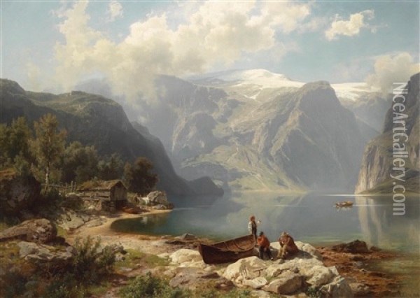 Sonniger Tag An Einem Norwegischen Fjord Oil Painting - August Wilhelm Leu