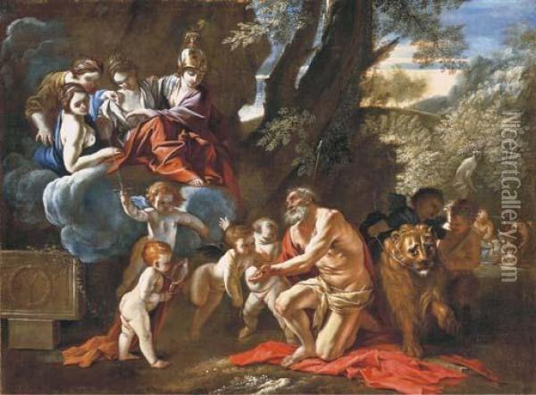 The Four Cardinal Virtues Appearing To Saint Jerome Oil Painting - Pietro Testa