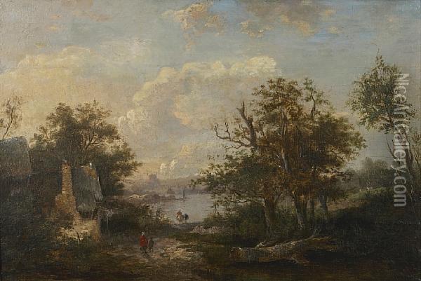An Extensive Landscape With Ruins And Figures By A Lake Oil Painting - James Stark