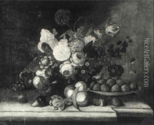 Still Life With Flowers And Fruit Oil Painting - Josef Schuster