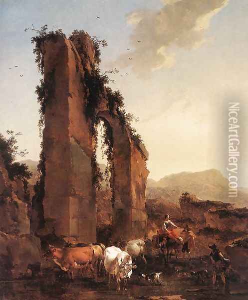 Peasants with Cattle by a Ruined Aqueduct c. 1658 Oil Painting - Nicolaes Berchem