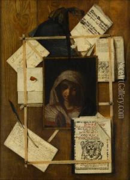 A Trompe L'oeil With Documents, Letter, Book And Painting Of Themadonna After Giovanni Battista Salvi Oil Painting - Andrea Domenico Remps