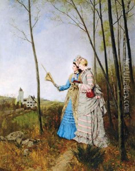 Zwei Damen In Landlicher Umgebung Oil Painting - Max Volkhart