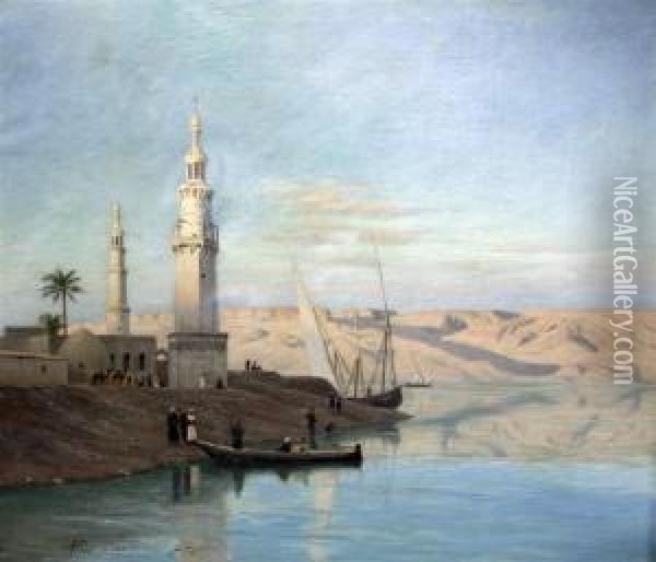 Mosque On The Nile Oil Painting - Andreas Christian Riis Carstensen