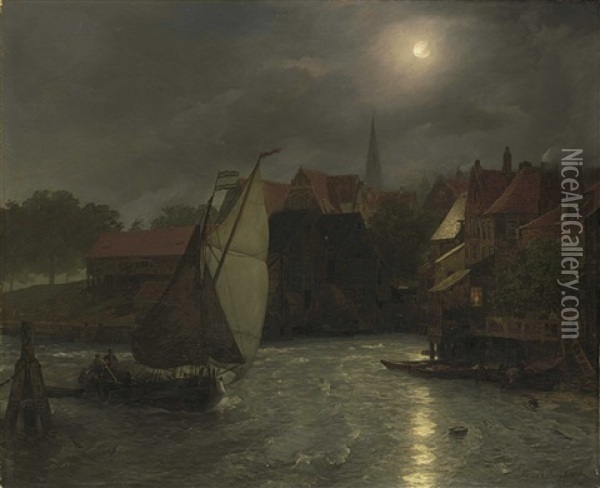 Boats On A Canal, Moonlight Oil Painting - Andreas Achenbach