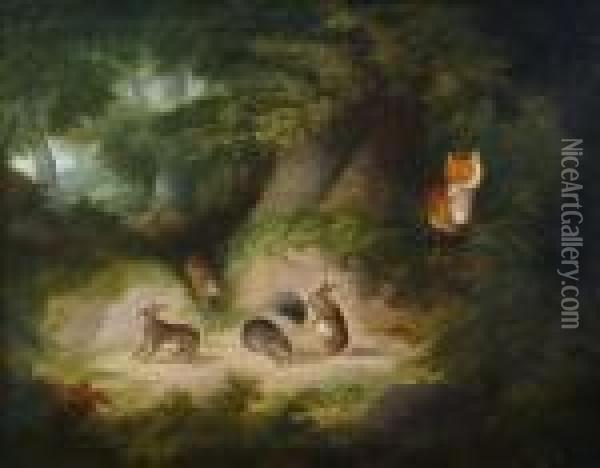 A Fox Watching Rabbits Oil Painting - George Armfield