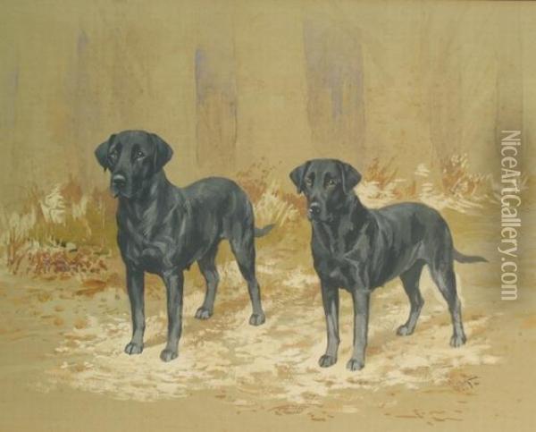 Two Black Labrador Retrievers At The Edge Of A Wood Oil Painting - Binks, R. Ward