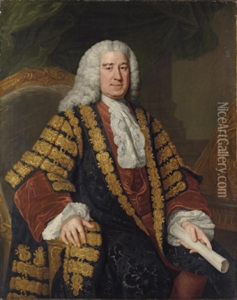 Portrait Of Henry Pelham Seated In Chancellor's Robes, A Scroll In His Left Hand Oil Painting - William Hoare