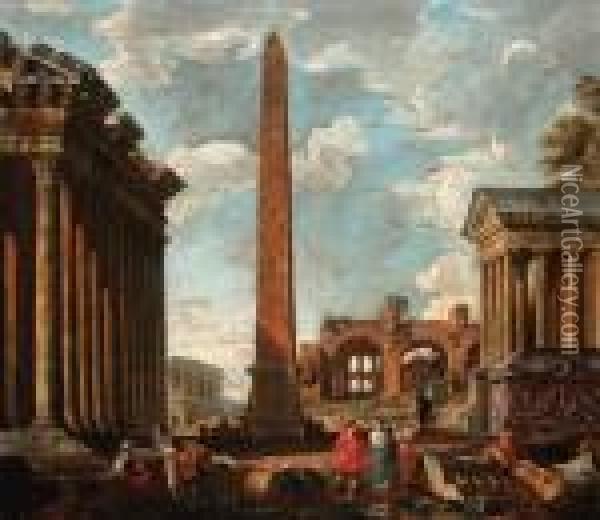 A Capriccio Of Classical Ruins 
With Figures By The Sarcophagus Of Constantine, An Obelisk, The Temple 
Of Fortuna, The Colosseum And The Basilica Of Maxentius Beyond Oil Painting - Giovanni Niccolo Servandoni