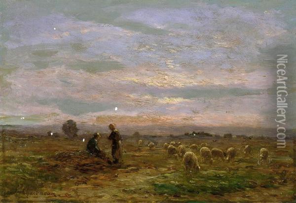 Weidende Schafe Im Abendlicht Oil Painting - Jean-Ferdinand Chaigneau