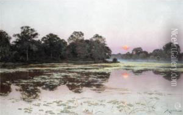 River Landscape At Sunset Oil Painting - Albert Gabriel Rigolot