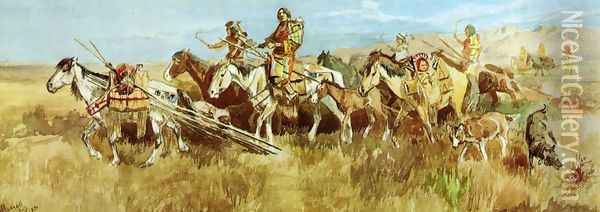 Indian Women Moving Camp I Oil Painting - Charles Marion Russell