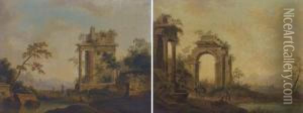 An Italianate Landscape With 
Figures By Roman Ruins; And An Italianate Landscape With Figures By A 
Fountain Near A Ruined Roman Archway Oil Painting - Johann Christian Brand