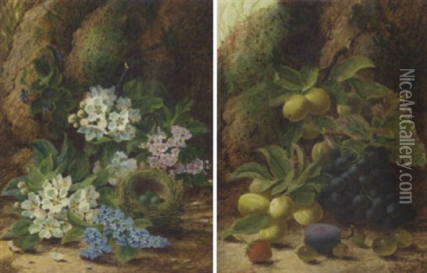 Primroses And Apple Blossom, A Bird's Nest With Eggs, On A Mossy Bank Oil Painting - Oliver Clare