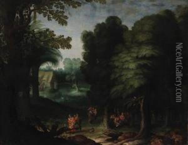 A Wooded Landscape With Peasants Feasting In A Clearing Oil Painting - Abraham Govaerts