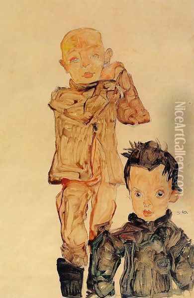 Two Boys Oil Painting - Egon Schiele