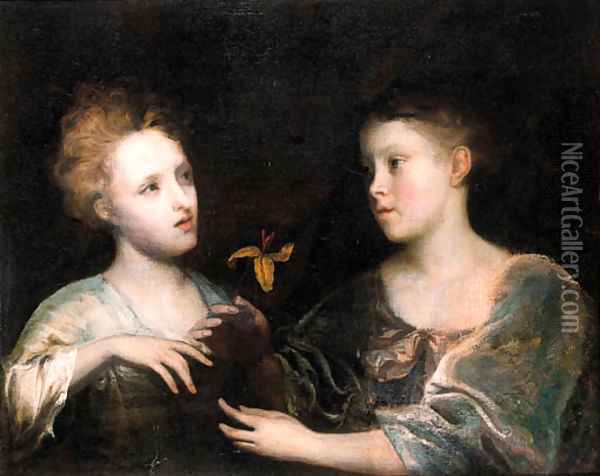 A double portrait of two young noblewomen, half lengths Oil Painting - Sir Joshua Reynolds