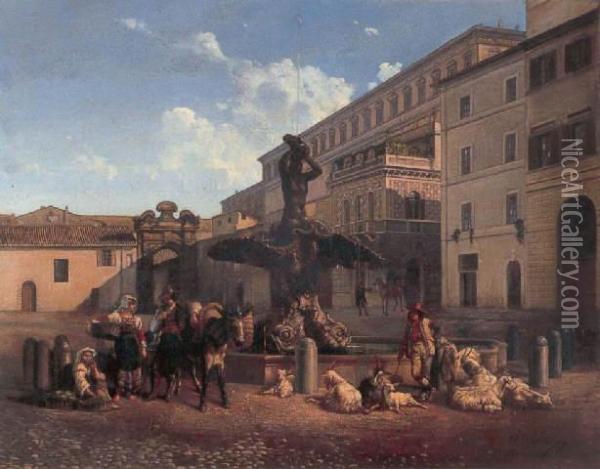 Fontana Del Tritone, Piazza Barberini, Rome Oil Painting - Carel Max Gerlach Quaedvlieg