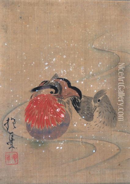 Birds On Winter Pond Oil Painting - Sakai Hoitsu