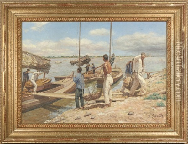 Unloading The Boat Oil Painting - Serguei Ivanovitch Lobanoff