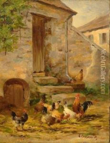 Coqs Et Poules Devant Une Porte De Ferme Oil Painting - Edmond Van Coppenolle