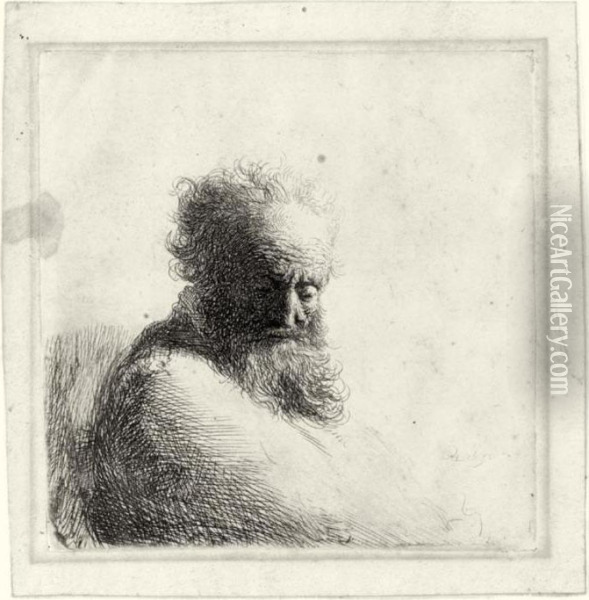 Bust Of An Old Bearded Man, 
Looking Down, Three Quarters Right (b., Holl. 260; H.47; Bb. 37-e) Oil Painting - Rembrandt Van Rijn