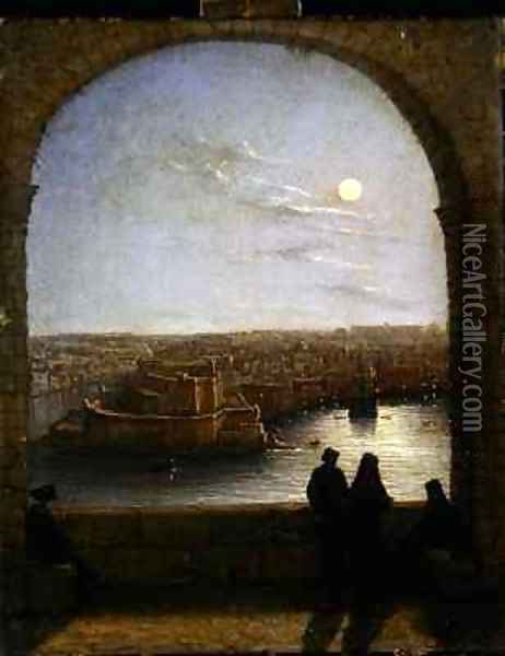 Inside the Fortifications Valetta View from an Arch by Night Oil Painting - Girolamo Gianni