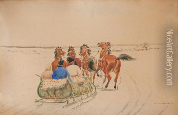 Konie W Zaprzegu Oil Painting - Stanislaw Maslowski