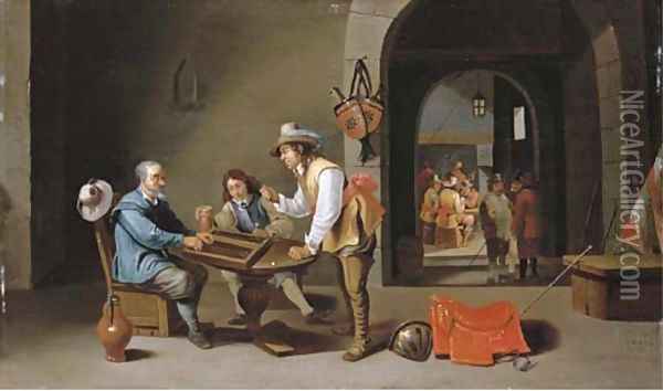 Officers and peasants playing backgammon and other games in a guardroom Oil Painting - Cornelis Mahu