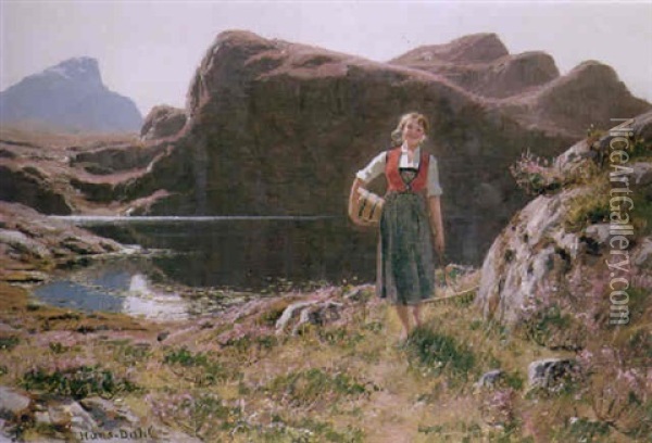 A Young Girl In A Fjord Landscape Oil Painting - Hans Dahl