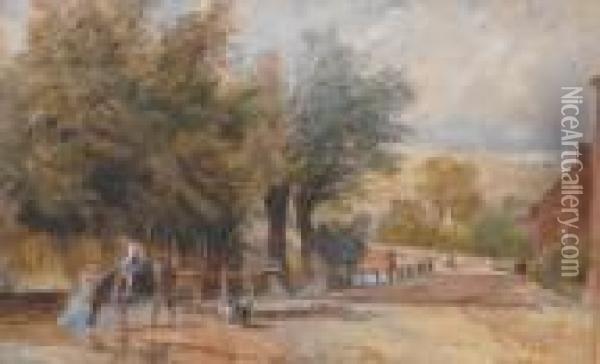 Jnr - Village Scene With Figure On Horseback Oil Painting - David Cox