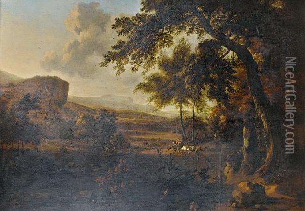 A Wooded River Landscape With A Horse And Cartand Travellers On A Country Path Oil Painting - Jan Wijnants