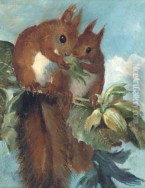Squirrels Oil Painting - English School