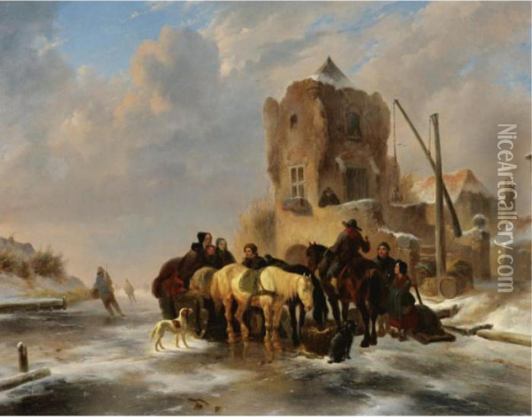 The Canal In Winter Oil Painting - Wouterus Verschuur