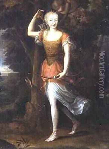 Portrait of a lady thought to be Diane Denise de Boillon as Diana with Cupid Oil Painting - Jean Nocret I