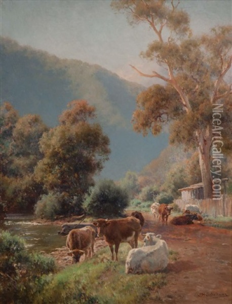 Cattle By The River Oil Painting - Jan Hendrik Scheltema