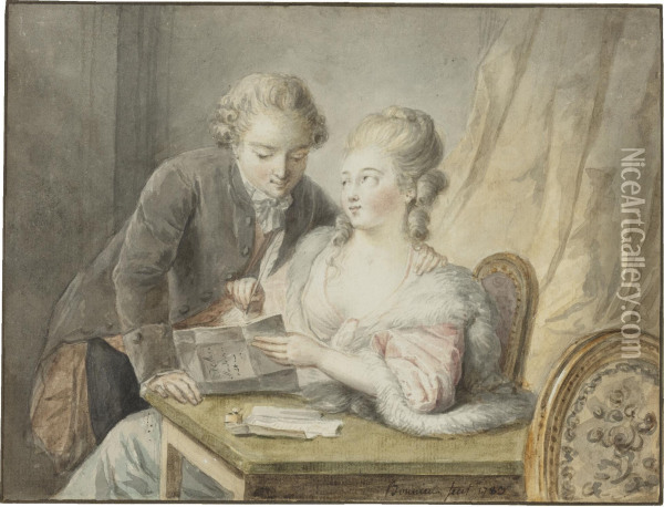 A Gentleman With A Lady Writing A Letter Oil Painting - Michel-Honore Bounieu