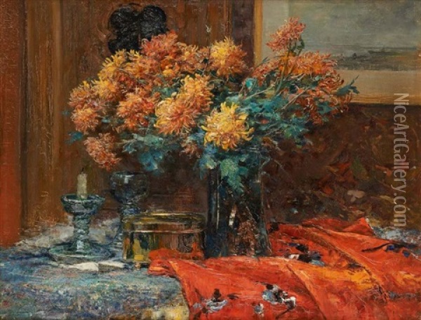 Gueridon Fleuri Oil Painting - Emile Berchmans