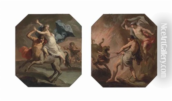 Nessus And Deianeira; Hercules And The Lernaean Hydra (pair) Oil Painting - Gaetano Gandolfi