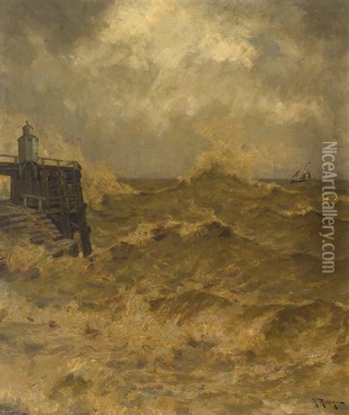 Die Alte Liebe. Hafenbollwerk Bei Cuxhafen Bei Sturmflut Oil Painting - Julius Friedrich Ludwig Runge
