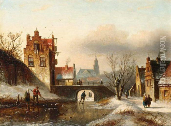 Figures On A Frozen Canal In A Dutch Town Oil Painting - Jan Jacob Coenraad Spohler
