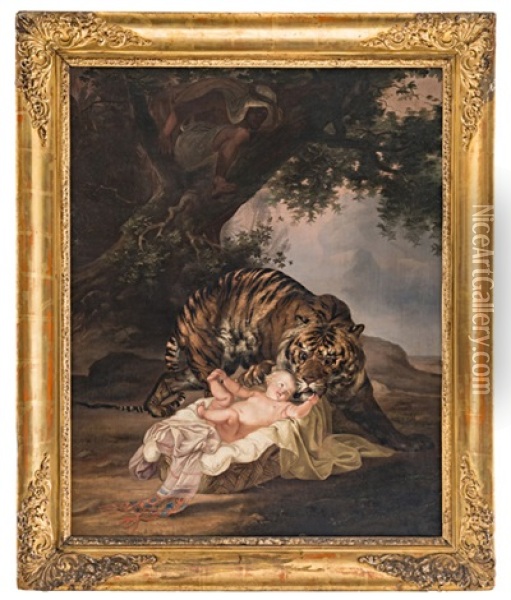 Ein Tiger Entdeckt Ein Baby In Einem Korb Oil Painting - Raden Saleh Sarief Bustaman